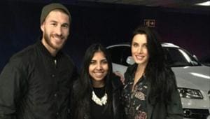 Yogic support for soccer: Niharika Tugnait flanked by Real Madrid and Spain national football team captain Sergio Ramos and his partner, Pilar Rubio, who learned yoga from her,(Sourced)