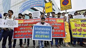 Representatives of training partners protest against discrimination’ in seat allocation on Wednesday.(Arun Sharma/HT) Representatives of training partners protest against discrimination’ in seat allocation on Wednesday.(Arun Sharma/HT)
