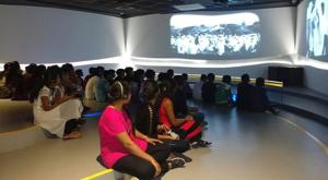Visitors at a multimedia show held at Dandi Kutir.(Dandi Kutir Facebook Page) Visitors at a multimedia show held at Dandi Kutir.(Dandi Kutir Facebook Page)