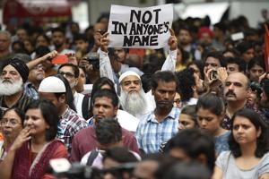 Many citizens and celebrities joined hands in support of the campaign 'Not in My Name' against the lynching of a Muslim at Jantar Mantar in New Delhi on Wednesday.(Raj K Raj/HT PHOTO) Many citizens and celebrities joined hands in support of the campaign 'Not in My Name' against the lynching of a Muslim at Jantar Mantar in New Delhi on Wednesday.(Raj K Raj/HT PHOTO)