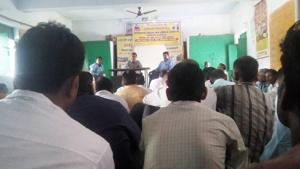 A picture taken by a teacher who attended the meeting shows teachers sitting on the floor during a review meeting at Barabanki in Uttar Pradesh on Wednesday. A picture taken by a teacher who attended the meeting shows teachers sitting on the floor during a review meeting at Barabanki in Uttar Pradesh on Wednesday.