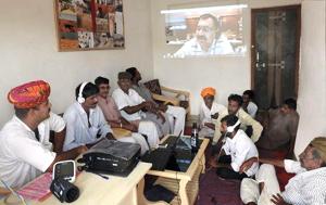 Opium husk addicts interacting with Dr Karan Singh Rathore through video conferencing from the US.(HT Photo.)