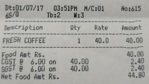 Roopali, a famous restaurant on FC road started charging 12% GST on coffee from Saturday, the very first day of the GST regime.(HT PHOTO) Roopali, a famous restaurant on FC road started charging 12% GST on coffee from Saturday, the very first day of the GST regime.(HT PHOTO)