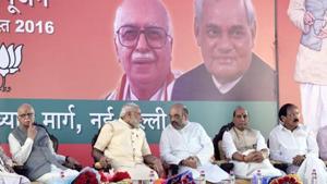 (L To R ) LK Advani,Prime Minister Narendra Modi, BJP president Amit Shah, Union ministers Rajnath Singh and M Venkaiah Naidu, New Delhi. When, in the 1990s, the BJP sought to expand its footprint in the south, it retained its religious majoritarianism while downplaying its Hindi chauvinism. The party now controls Parliament and controls many state governments as well. Why then have some BJP leaders chosen to revive the claim that Hindi is the glue that must bind the nation? (File Photo)(ARVIND YADAV/HT) (L To R ) LK Advani,Prime Minister Narendra Modi, BJP president Amit Shah, Union ministers Rajnath Singh and M Venkaiah Naidu, New Delhi. When, in the 1990s, the BJP sought to expand its footprint in the south, it retained its religious majoritarianism while downplaying its Hindi chauvinism. The party now controls Parliament and controls many state governments as well. Why then have some BJP leaders chosen to revive the claim that Hindi is the glue that must bind the nation? (File Photo)(ARVIND YADAV/HT)