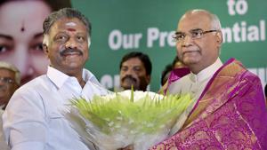 NDA presidential candidate Ram Nath Kovind who is on a brief visit to city to seek votes for his candidature being greeted by former Tamil Nadu chief minister O Panneerselvam in Chennai on Saturday.(PTI Photo) NDA presidential candidate Ram Nath Kovind who is on a brief visit to city to seek votes for his candidature being greeted by former Tamil Nadu chief minister O Panneerselvam in Chennai on Saturday.(PTI Photo)