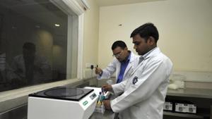 Equipment such as apheresis machine, component fractionation machine, platelet incubator and agitator, semi automatic blood grouping and cross matching equipment has reached the hospital.(Sunil Ghosh/HT Photo) Equipment such as apheresis machine, component fractionation machine, platelet incubator and agitator, semi automatic blood grouping and cross matching equipment has reached the hospital.(Sunil Ghosh/HT Photo)