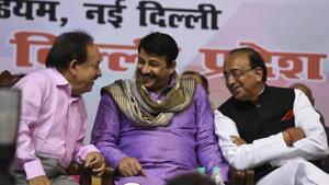 Delhi BJP president Manoj Tiwari consulted the party leadership on setting up of various new cells and departments. Former MLAs, councillors and senior local leaders will be tasked with running these new units.(Sonu Mehta/HT Photo) Delhi BJP president Manoj Tiwari consulted the party leadership on setting up of various new cells and departments. Former MLAs, councillors and senior local leaders will be tasked with running these new units.(Sonu Mehta/HT Photo)