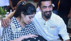 Ravindra Jadeja with wife Reeva Solanki and their new born baby during an event in Mumbai on Wednesday.(PTI) Ravindra Jadeja with wife Reeva Solanki and their new born baby during an event in Mumbai on Wednesday.(PTI)