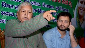 RJD chief Lalu Prasad addresses a press conference with his son and deputy CM Tejashwi Yadav at his residence in Patna after CBI raids at his premises.(PTI File Photo) RJD chief Lalu Prasad addresses a press conference with his son and deputy CM Tejashwi Yadav at his residence in Patna after CBI raids at his premises.(PTI File Photo)