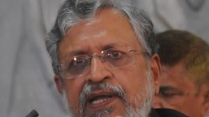 Sushil Kumar Modi addressing a press conference in Patna on Tuesday.(A P Dube / HT)