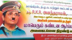 Puducherry lieutenant governor Kiran Bedi cast as Nazi dictator Adolf Hitler, complete with a toothbrush mustache. Puducherry lieutenant governor Kiran Bedi cast as Nazi dictator Adolf Hitler, complete with a toothbrush mustache.
