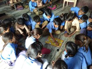 Primary school children in Rajasthan are learning a new set of words in Hindi and English alphabet with pictures and names of different articles related to the importance of sanitation.(HT Photo.) Primary school children in Rajasthan are learning a new set of words in Hindi and English alphabet with pictures and names of different articles related to the importance of sanitation.(HT Photo.)