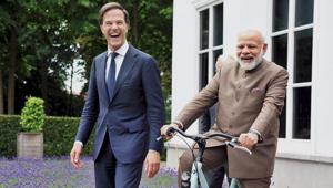 Prime Minister Narendra Modi with a bicycle gifted to him by Dutch Prime Minister Mark Rutte, in The Hague, Netherlands in Julast months in June.(PTI) Prime Minister Narendra Modi with a bicycle gifted to him by Dutch Prime Minister Mark Rutte, in The Hague, Netherlands in Julast months in June.(PTI)