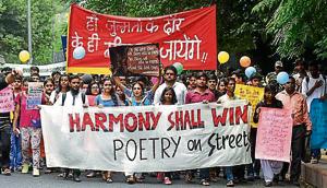 Some 100 odd studentstook out a march, with the theme “Harmony Shall Win,” through campus visiting Ramjas College, Hindu College and Kirori Mal College, protesting against the allegedly growing number of violent incidents on campus.(Ravi Choudhary/HT PHOTO) Some 100 odd studentstook out a march, with the theme “Harmony Shall Win,” through campus visiting Ramjas College, Hindu College and Kirori Mal College, protesting against the allegedly growing number of violent incidents on campus.(Ravi Choudhary/HT PHOTO)