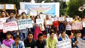 Chakma students held a rally in Delhi to protest unequal treatment in Mizoram.(Photo courtesy: All India Chakma Students’ Union) Chakma students held a rally in Delhi to protest unequal treatment in Mizoram.(Photo courtesy: All India Chakma Students’ Union)