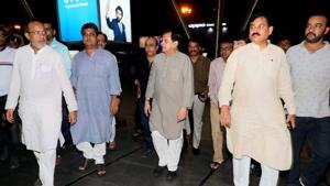 Senior Congress leaders Bharatsinh Solanki, Arjun Modhwadia, Ahmed Patel at Ahmedabad airport during arrival of the party's MLAs from Karnataka on Monday, ahead of Rajya Sabha elections.(PTI Photo) Senior Congress leaders Bharatsinh Solanki, Arjun Modhwadia, Ahmed Patel at Ahmedabad airport during arrival of the party's MLAs from Karnataka on Monday, ahead of Rajya Sabha elections.(PTI Photo)