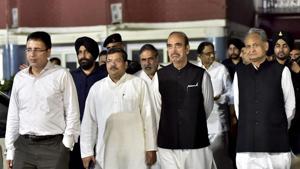 Congress leaders P Chidambaram, Ashok Gehlot, Ghulam Nabi Azad, Mukul Wasnik and Anand Sharma coming out of the Election Commission of India, in New Delhi.(PTI Photo) Congress leaders P Chidambaram, Ashok Gehlot, Ghulam Nabi Azad, Mukul Wasnik and Anand Sharma coming out of the Election Commission of India, in New Delhi.(PTI Photo)