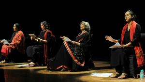 (From left) Mona Ambegaonkar, Dilnaz Irani, Dolly Thakore and Swathi Das performing ‘The Vagina Monologues’ at Tagore Theatre in Chandigarh on Saturday.(Anil Dayal/HT) (From left) Mona Ambegaonkar, Dilnaz Irani, Dolly Thakore and Swathi Das performing ‘The Vagina Monologues’ at Tagore Theatre in Chandigarh on Saturday.(Anil Dayal/HT)