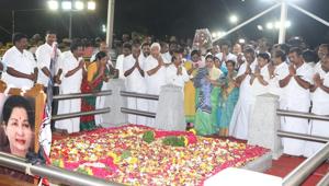 Chief minister Edappadi K Palaniswami at Jayalalithaa’s memorial on Marina beach in Chennai in February 2017. The memorial has become a venue of political importance(HT File Photo) Chief minister Edappadi K Palaniswami at Jayalalithaa’s memorial on Marina beach in Chennai in February 2017. The memorial has become a venue of political importance(HT File Photo)