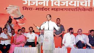 Shiv Sena chief Uddhav Thackeray at a rally on the last day of campaigning for the civic polls in Bhayander, on Thursday.(HT photo)