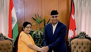 External Affairs Minister Sushma Swaraj shakes hands with Nepal's Prime Minister Sher Bahadur Deuba at a meeting in Kathmandu on Thursday.(PTI File Photo) External Affairs Minister Sushma Swaraj shakes hands with Nepal's Prime Minister Sher Bahadur Deuba at a meeting in Kathmandu on Thursday.(PTI File Photo)