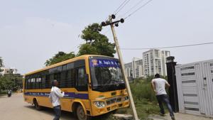 The bus driver was away when the conductor got behind the steering wheel. He could not control the vehicle and hit an electric pole.(Sanjeev Verma/HT PHOTO) The bus driver was away when the conductor got behind the steering wheel. He could not control the vehicle and hit an electric pole.(Sanjeev Verma/HT PHOTO)