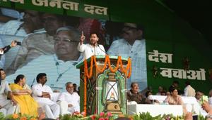 Lalu Prasad’s younger son and Bihar’s former deputy chief minister Tejashwi Prasad Yadav speaks at the RJD rally in Patna on Sunday. (HT photo / Santosh Kumar) Lalu Prasad’s younger son and Bihar’s former deputy chief minister Tejashwi Prasad Yadav speaks at the RJD rally in Patna on Sunday. (HT photo / Santosh Kumar)