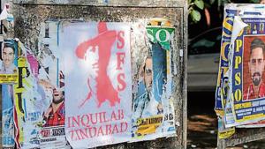 A poster carrying Shaheed Bhagat Singh’s picture put up by the Students for Society.(Anil Dayal/HT) A poster carrying Shaheed Bhagat Singh’s picture put up by the Students for Society.(Anil Dayal/HT)