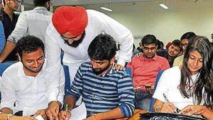 Members of PUSU, SOI, NSUI and ABVP filing nominations in Panjab University, Chandigarh, on Friday.(Anil Dayal/HT) Members of PUSU, SOI, NSUI and ABVP filing nominations in Panjab University, Chandigarh, on Friday.(Anil Dayal/HT)