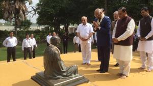 President Ram Nath Kovind paying tribute to Mahatma Gandhi at the Sabarmati Ashram in Ahmedabad on Sunday. He is on a two-day tour of Gujarat.(HT PHOTO) President Ram Nath Kovind paying tribute to Mahatma Gandhi at the Sabarmati Ashram in Ahmedabad on Sunday. He is on a two-day tour of Gujarat.(HT PHOTO)