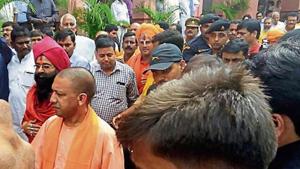 Uttar Pradesh chief minister at the Gorakhnath temple in Gorakhpur on Sunday.(HT PHOTO) Uttar Pradesh chief minister at the Gorakhnath temple in Gorakhpur on Sunday.(HT PHOTO)