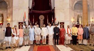 President Ram Nath Kovind, vice president M Venkaiah Naidu and Prime Minister Narendra Modi with newly sworn-in ministers, at Rashtrapati Bhavan in New Delhi on Sunday.(PTI) President Ram Nath Kovind, vice president M Venkaiah Naidu and Prime Minister Narendra Modi with newly sworn-in ministers, at Rashtrapati Bhavan in New Delhi on Sunday.(PTI)
