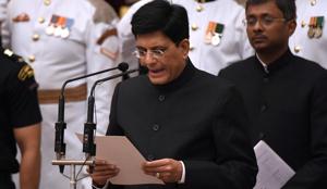 BJP politician and member of Parliament Piyush Goyal takes oath during the swearing-in ceremony of new ministers at the Presidential Palace in New Delhi.(REUTERS)
