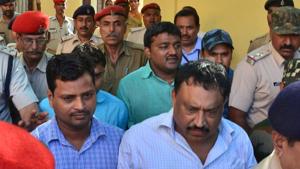 Rocky Yadav and other accused coming out of the court after the verdict in the Aditya Sachdeva murder case.(HT photo/Rajesh Kumar) Rocky Yadav and other accused coming out of the court after the verdict in the Aditya Sachdeva murder case.(HT photo/Rajesh Kumar)