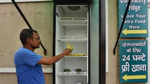 Residents have installed a community fridge for underprivileged people.(Virendra Singh Gosain/HT PHOTO) Residents have installed a community fridge for underprivileged people.(Virendra Singh Gosain/HT PHOTO)