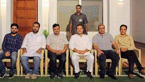 (From left) Jammu and Kashmir NSUI president Neeraj Kundan, NSUI national president Firoz Khan, PU physics department chairperson Navdeep Goyal, Congress national vice-president Rahul Gandhi, University Institute of Legal Studies professor Varinder Negi and PU Punjabi department head Yograj Angrish in New Delhi on Friday.(Photo: Facebook) (From left) Jammu and Kashmir NSUI president Neeraj Kundan, NSUI national president Firoz Khan, PU physics department chairperson Navdeep Goyal, Congress national vice-president Rahul Gandhi, University Institute of Legal Studies professor Varinder Negi and PU Punjabi department head Yograj Angrish in New Delhi on Friday.(Photo: Facebook)
