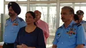 Defence minister Nirmala Sitharaman with Indian Air Force chief Air Marshal B S Dhanoa (left) at the Uttarlai airbase in Rajasthan’s Barmer district on Sunday.(HT PHOTO) Defence minister Nirmala Sitharaman with Indian Air Force chief Air Marshal B S Dhanoa (left) at the Uttarlai airbase in Rajasthan’s Barmer district on Sunday.(HT PHOTO)