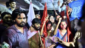 (From left) Shubhanshu Singh, D Srikrishna, Simone Zoya Khan and Geeta Kumar, the winning candidates of United Left alliance in JNU. The ABVP candidates were runners up on all four seats.(Arun Sharma/HT Photo) (From left) Shubhanshu Singh, D Srikrishna, Simone Zoya Khan and Geeta Kumar, the winning candidates of United Left alliance in JNU. The ABVP candidates were runners up on all four seats.(Arun Sharma/HT Photo)