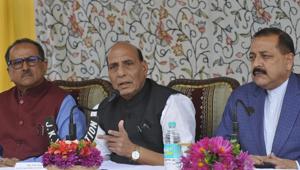 Union home minister Rajnath Singh, along with J-K deputy chief minister Nirmal Singh (left) and Union minister of state in the PMO Jitendra Singh, at a press conference in Srinagar on Monday. (Waseem Andrabi / HT Photo) Union home minister Rajnath Singh, along with J-K deputy chief minister Nirmal Singh (left) and Union minister of state in the PMO Jitendra Singh, at a press conference in Srinagar on Monday. (Waseem Andrabi / HT Photo)