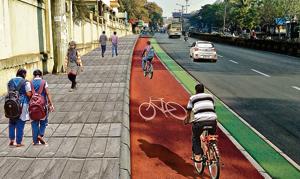 Concept visualisation of the proposed cycle track, as part of the Comprehensive Bicycle Master Plan, on SB road, Pune.(HT Photo) Concept visualisation of the proposed cycle track, as part of the Comprehensive Bicycle Master Plan, on SB road, Pune.(HT Photo)
