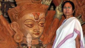 West Bengal chief minister Mamata Banerjee at the inauguration of Durga Puja pandal on the occasion of 'Mahalaya', in Kolkata on September 19, 2017.(PTI) West Bengal chief minister Mamata Banerjee at the inauguration of Durga Puja pandal on the occasion of 'Mahalaya', in Kolkata on September 19, 2017.(PTI)
