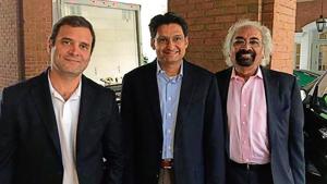 Congress vice-president Rahul Gandhi, Rohtak MP Deepender Hooda and policy professional Sam Pitroda during their recent visit to the United States.(HT Photo) Congress vice-president Rahul Gandhi, Rohtak MP Deepender Hooda and policy professional Sam Pitroda during their recent visit to the United States.(HT Photo)