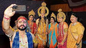 (From left) Artistes from the Sector-17 Ramlila committee — Sunil Sharma (Dasharatha), Kamal (Sita), Gaurav Bagga (Rama), Puneet Jain (Kaikeyi), Saurabh Sharma (Lakshmana) and Kapil Puri (Kaushalya) — taking a selfie in Chandigarh on Tuesday.(Anil Dayal/HT) (From left) Artistes from the Sector-17 Ramlila committee — Sunil Sharma (Dasharatha), Kamal (Sita), Gaurav Bagga (Rama), Puneet Jain (Kaikeyi), Saurabh Sharma (Lakshmana) and Kapil Puri (Kaushalya) — taking a selfie in Chandigarh on Tuesday.(Anil Dayal/HT)