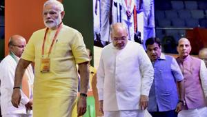Prime Minister Narendra Modi with BJP President Amit Shah and Union Ministers Niti Gadkari and Rajnath Singh at BJP's national executive meeting in New Delhi on Monday(PTI) Prime Minister Narendra Modi with BJP President Amit Shah and Union Ministers Niti Gadkari and Rajnath Singh at BJP's national executive meeting in New Delhi on Monday(PTI)