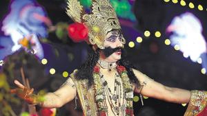 An artiste performs at the Ramlila organised by Shri Dharmic Leela Committee at Red Fort on Wednesday.(Raj K Raj/HT PHOTO) An artiste performs at the Ramlila organised by Shri Dharmic Leela Committee at Red Fort on Wednesday.(Raj K Raj/HT PHOTO)
