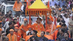Chief minister of Uttar Pradesh Yogi Adityanath leads the procession of Dussehra from Gorakhnath temple in Gorakhpur on Saturday.(Deepak Gupta/HT) Chief minister of Uttar Pradesh Yogi Adityanath leads the procession of Dussehra from Gorakhnath temple in Gorakhpur on Saturday.(Deepak Gupta/HT)