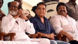 Tamil actors Rajnikanth and Kamal Haasan at the inaugural of the Shivaji Ganeshan memorial in Chennai on Sunday.(HT Photo) Tamil actors Rajnikanth and Kamal Haasan at the inaugural of the Shivaji Ganeshan memorial in Chennai on Sunday.(HT Photo)