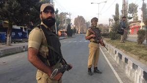 Security personnel deployed near the Srinagar airport after the attack on Monday. (Waseem Andrabi / HT Photo) Security personnel deployed near the Srinagar airport after the attack on Monday. (Waseem Andrabi / HT Photo)