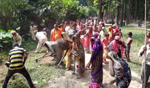 Women of Vantangiya community cleaning their village hoping that the CM will celebrate Diwali with them this year too.(HT Photo) Women of Vantangiya community cleaning their village hoping that the CM will celebrate Diwali with them this year too.(HT Photo)
