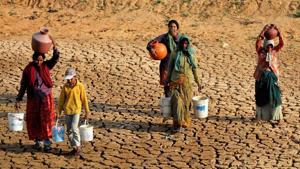 Women return after collecting water from a lake in a drought-hit area in Karnataka.(PTI) Women return after collecting water from a lake in a drought-hit area in Karnataka.(PTI)
